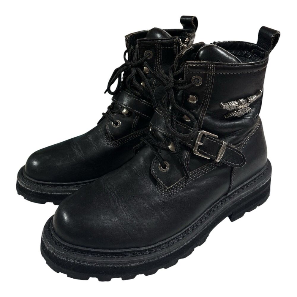 Harley Davidson 84143 Mens 9.5 Black Leather Motorcycle Boots Side Zip Eagle